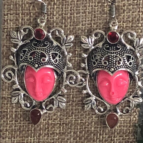 Silver Pink Resin & Garnet Goddess/Deity Earrings - Picture 1 of 6
